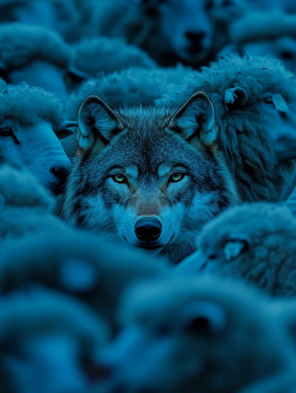 Wolf surrounded by sheep